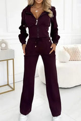 Women Hooded Zipper Jacket with Tight-Fitting Bottom Set