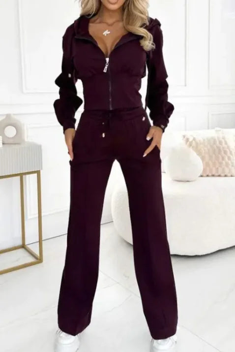 Women Hooded Zipper Jacket with Tight-Fitting Bottom Set